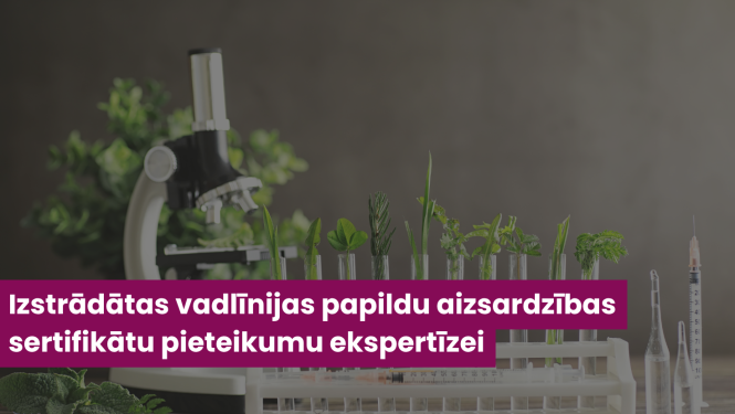 Ilustratīvs attēls ar augiem kolbās un mikroskopu