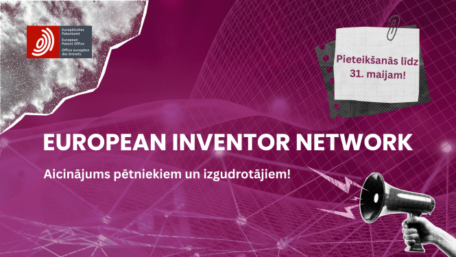 Rozā toņu grafisks attēls ar “European Inventor Network” virsrakstu