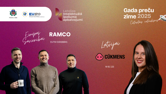 Gada preču zīme 2025 vizuālis ar ES un Latvijas institūciju logotipiem, nominētajām preču zīmēm un vairāku uzņēmumu pārstāvju portretiem uz krāsaina fona.