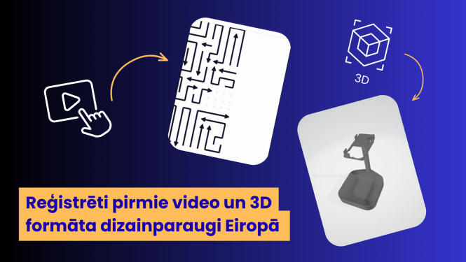 Vizuāls attēlojums ar grafisku ilustrāciju par pirmo video un 3D dizainparaugu kuru reģistrējis EUIPO