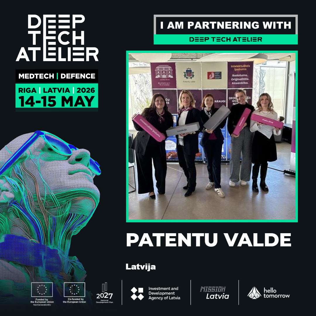 Patentu valdes reklāmas vizuālis “Deep Tech Atelier 2026”