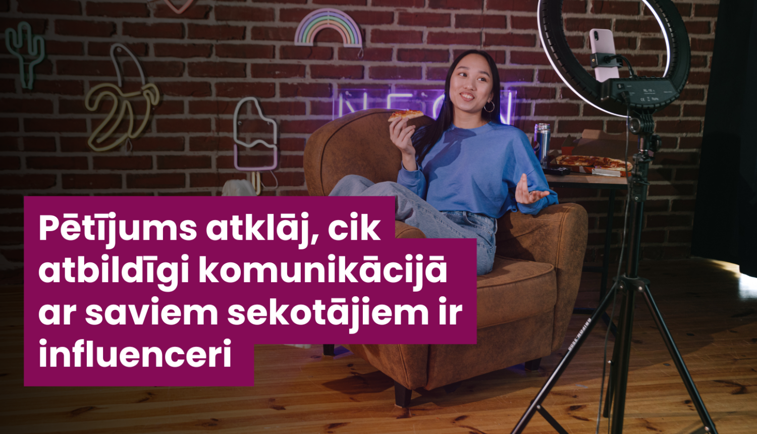 Vizuālis ziņai par inflenceru pētījumu, kur attēlots ziņas nosaukums un fona attēlā ir jauna meitene kas filmē video