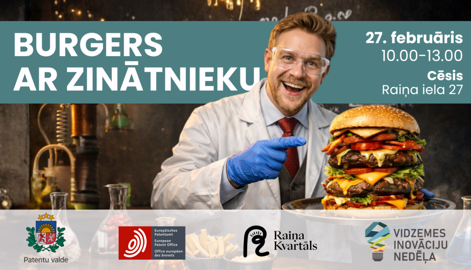 Ilustratīvs zinātnieks ar burgeru rokā
