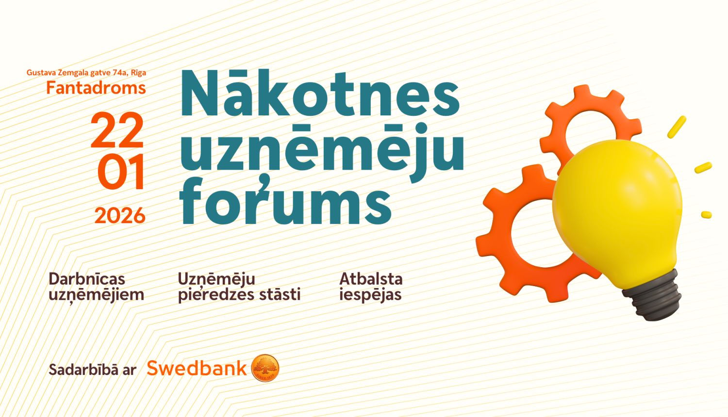 Vizuālis pasākumam nākotnes uzņēmju forums kurā attēlots pasākuma nosaukums, norises laiks un vieta