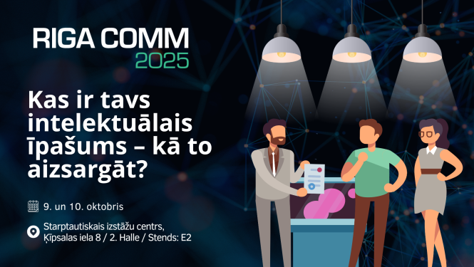 Informatīvs baneris par pasākumu un ilustratīvi personu zīmējumi