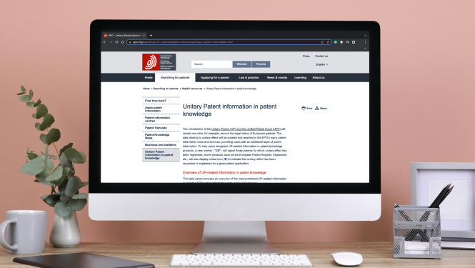 ekrānšāviņš ar jauno EPO interneta vietni, kur turpmāk būs aplūkojama visa informācija par Vienoto spēka Eiropas patentu.