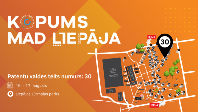 Jauniešu iespēju festivāla "Kopums Mad Liepāja" vizuālis ar karti un izcelto Patentu valdes telts atrašanās vietu – numurs 30. Norises datumi: 16.–17. augusts, vieta – Liepājas Jūrmalas parks. Fons oranžs ar baltu un melnu tekstu un stilizētu teritorijas shēmu