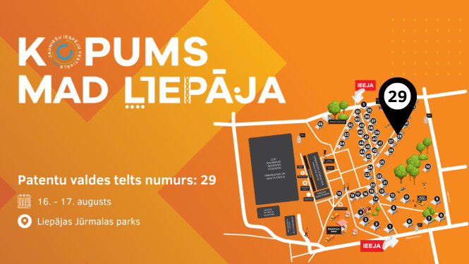 Jauniešu iespēju festivāla "Kopums Mad Liepāja" vizuālis ar karti un izcelto Patentu valdes telts atrašanās vietu – numurs 29. Norises datumi: 16.–17. augusts, vieta – Liepājas Jūrmalas parks. Fons oranžs ar baltu un melnu tekstu un stilizētu teritorijas shēmu.