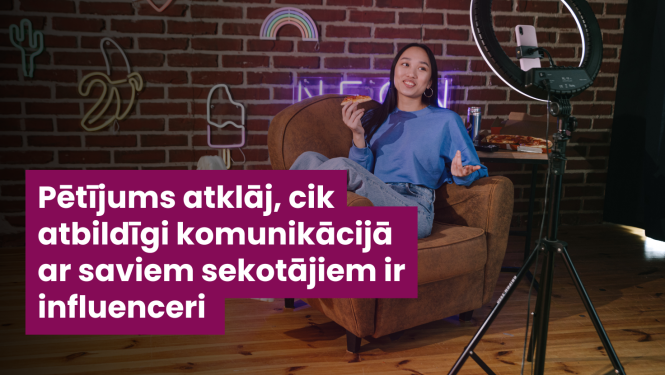 Vizuālis ziņai par inflenceru pētījumu, kur attēlots ziņas nosaukums un fona attēlā ir jauna meitene kas filmē video