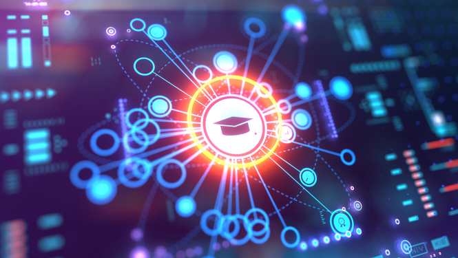 Digitāls attēls ar absolventa cepuri centrā un tehnoloģiju tīkla elementiem