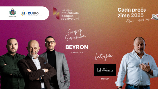 Uz Rozā fona attēloti kreisajā pusē 3 vīrieši uzvalkos, kas ir uzņēmuma BEYRON līdzdibinātāji un BEYRON preču zīme. Labajā pusē ir Vef kvartāla uzņēmuma vadītāja bilde un preču zīme.