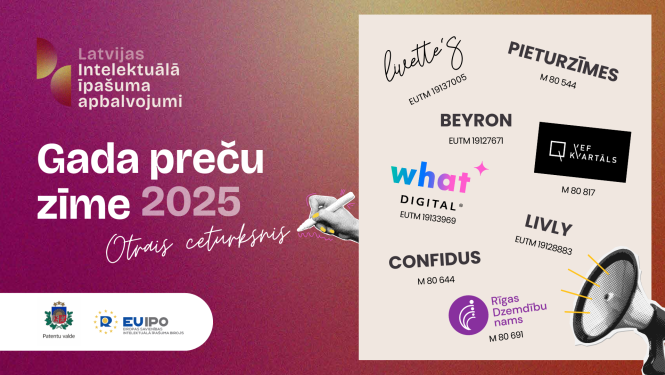 Konkursa Gada preču zīmes 2025 2. ceturkšņa nominanti - vaŗdiskās preču zīmes: pieturzīmes, beyron, confidus, livly un figurālās preču zīmes Livetes, what digital, VEF kvartāls, Rīgas dzemdību nams.s