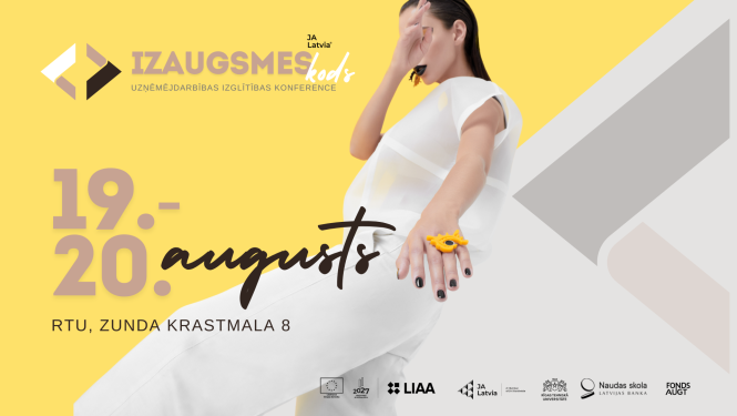 Konferences 'Izaugsmes kods' reklāmas baneris ar datumiem 19.–20. augusts, norises vietu RTU, Zunda krastmala 8 un stilizētu sievietes tēlu uz dzeltena un pelēka fona