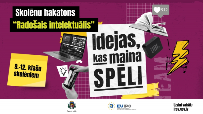 Radošais inteleketuālis baneris ar grāmatu, datoru, skaļruni un uzrakstiem