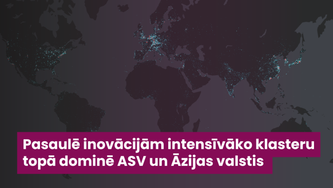 Vizuāls attēlojums pasaules kartei ar iezīmētām lokācijām, kur ir aktīvi inovāciju klasteri