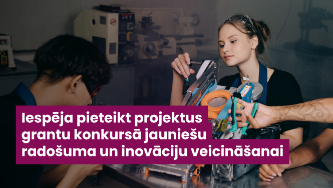 Vizuāls attēls ziņai, jaunieši fonā rada jaunus, tehniskus izgudrojumus