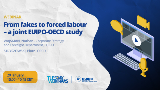 Vebināra baneris ar nosaukumu ‘From fakes to forced labour – a joint EUIPO-OECD study’, datumu 20. janvāris, 10:00–10:45 CET, un ilustrāciju ar datoru, video atskaņošanas ikonu un mikrofonu.