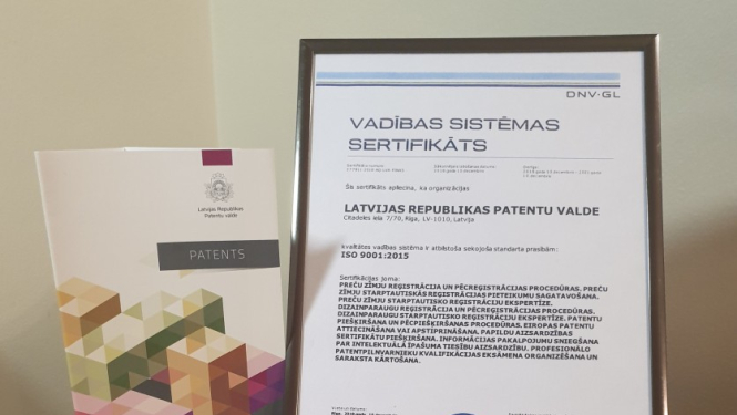 Patentu valdes pakalpojumi ir atzīti par atbilstošiem starptautiskā standarta ISO 9001:2015 prasībām