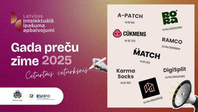 Gada preču zīme 4. ceturkšņa laureāti, vizuālis kur attēlotas visas preču zīmes ar to reģistrācijas numuriem uz rozā fona.