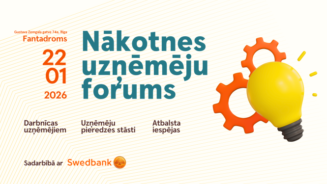 Vizuālis pasākumam nākotnes uzņēmju forums kurā attēlots pasākuma nosaukums, norises laiks un vieta