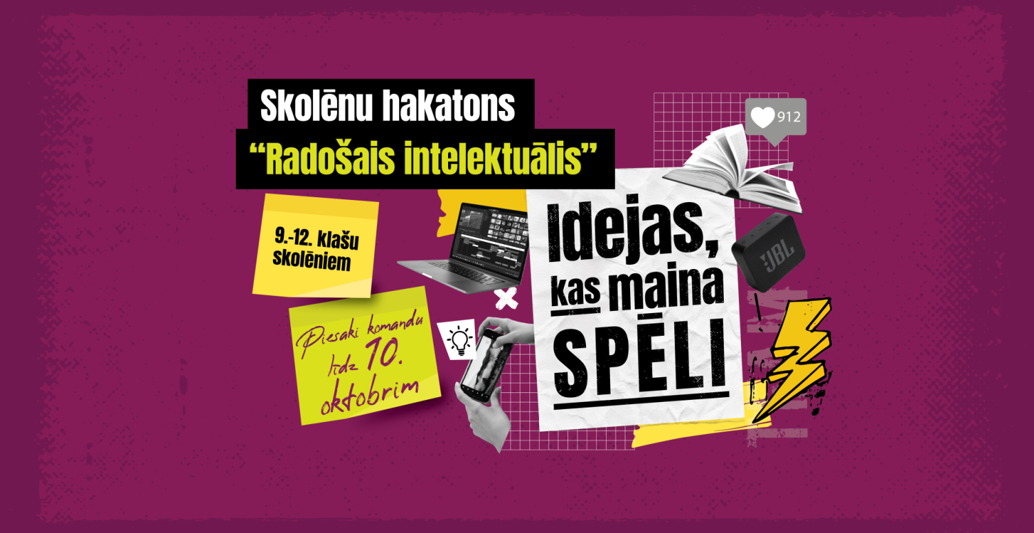Hakatona baneris, notikumam, ceriņu violetā krāsā ar konkursa nosaukumu