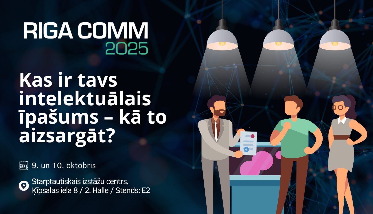 Informatīvs baneris par pasākumu un ilustratīvi personu zīmējumi