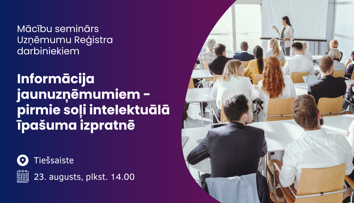 Vizuāls semināra banneris ar semināra nosaukumu un norises laiku