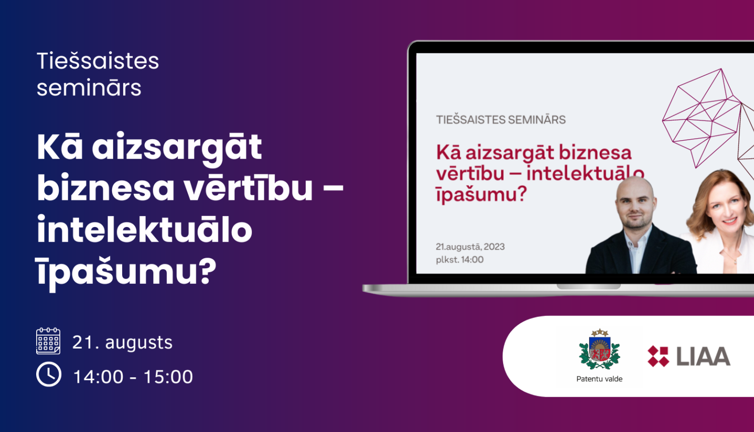 Vizuāls semināra banneris ar semināra nosaukumu un norises laiku