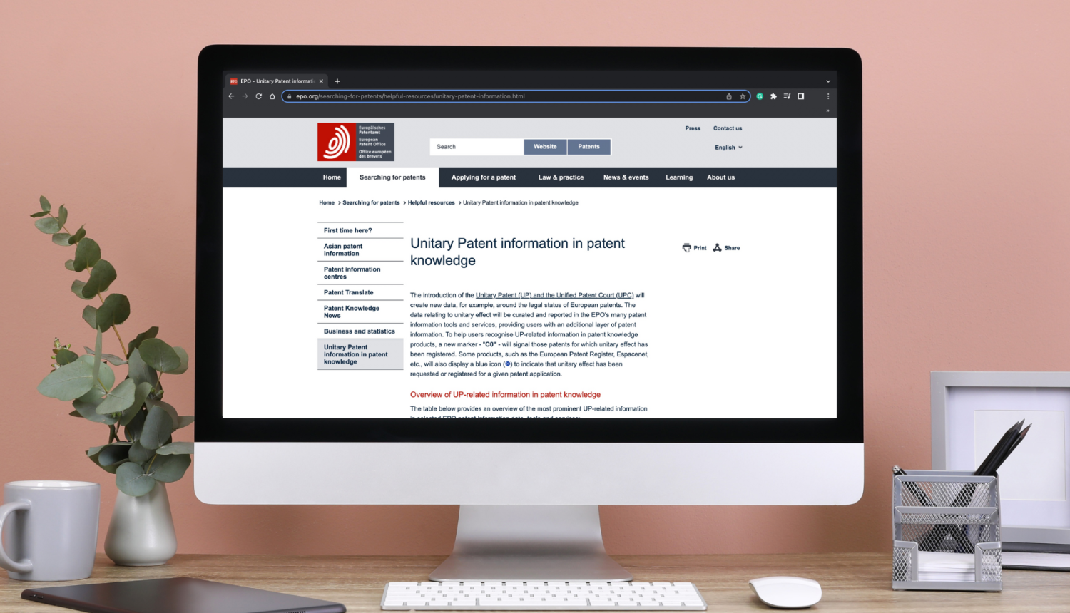 ekrānšāviņš ar jauno EPO interneta vietni, kur turpmāk būs aplūkojama visa informācija par Vienoto spēka Eiropas patentu.