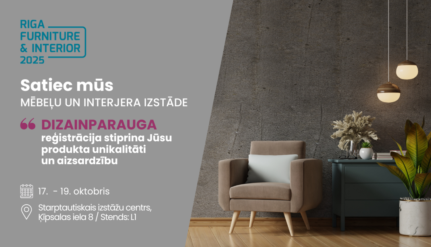 Baneris ar virsrakstu, fonā krēsls, plaukts un lampa