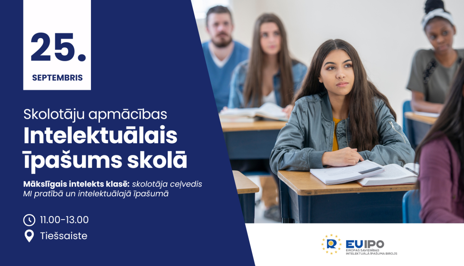 Baneris notikumam ar nosaukumu, fonā bilde ar klasi un skolēniem, kas mācās