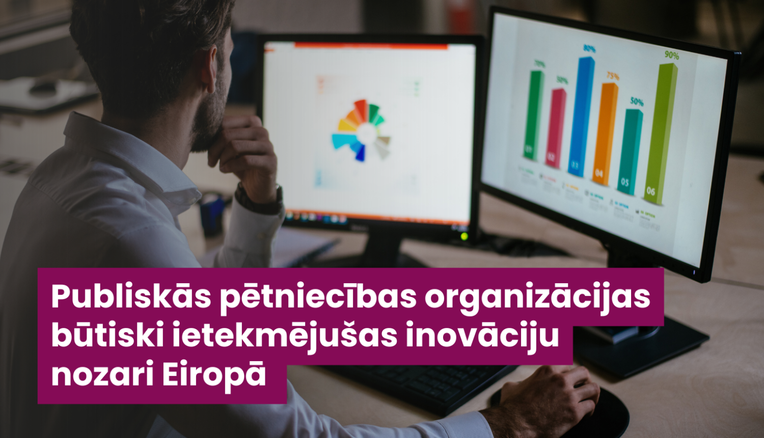 Vīrietis, kas sež pie datora un ekrānos redzamas diagrammas