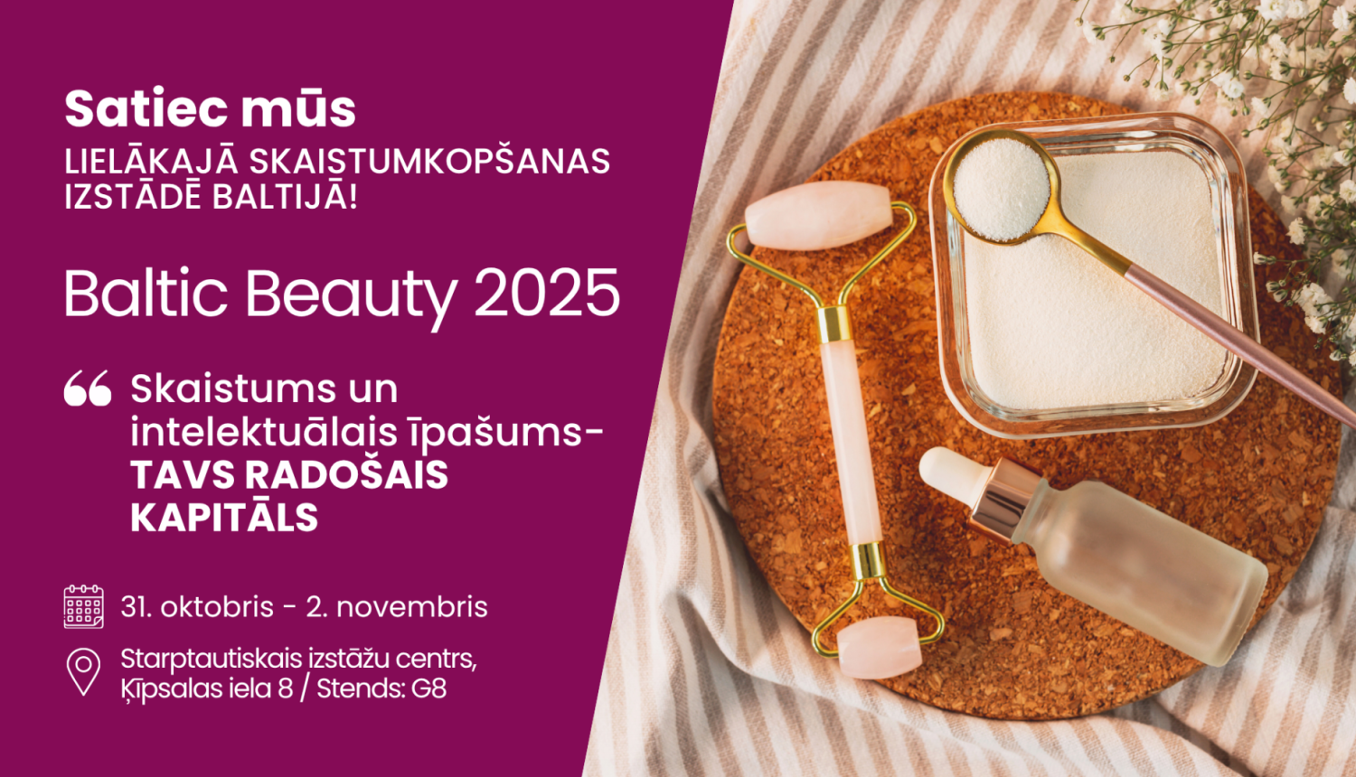 Informatīva bilde ar virsrakstu un skaistumkopšanas produktiem