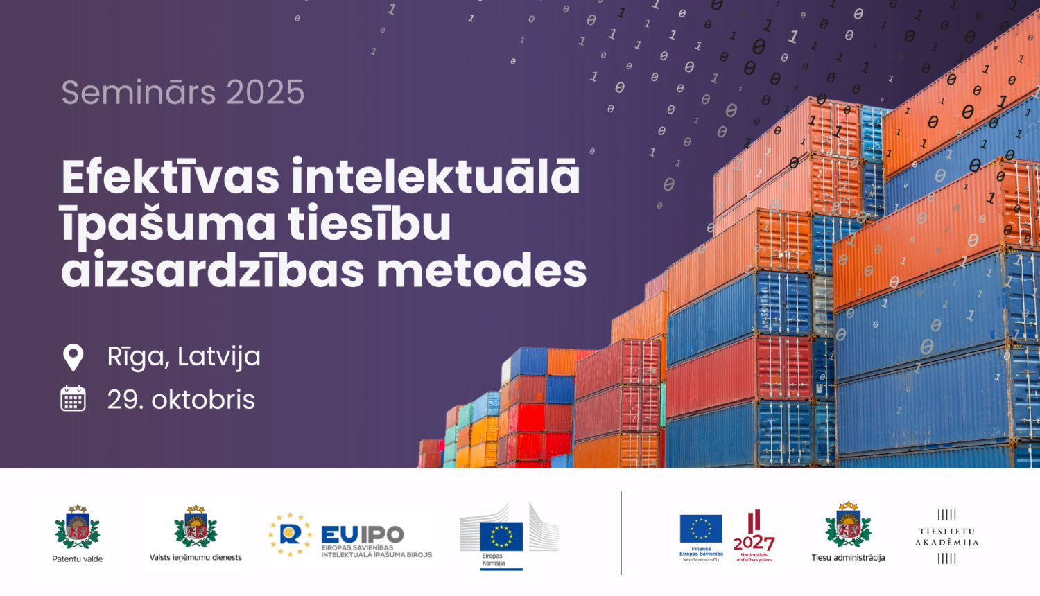 Baneris ar virsrakstu, fonā kravas konteineri un matricas kods