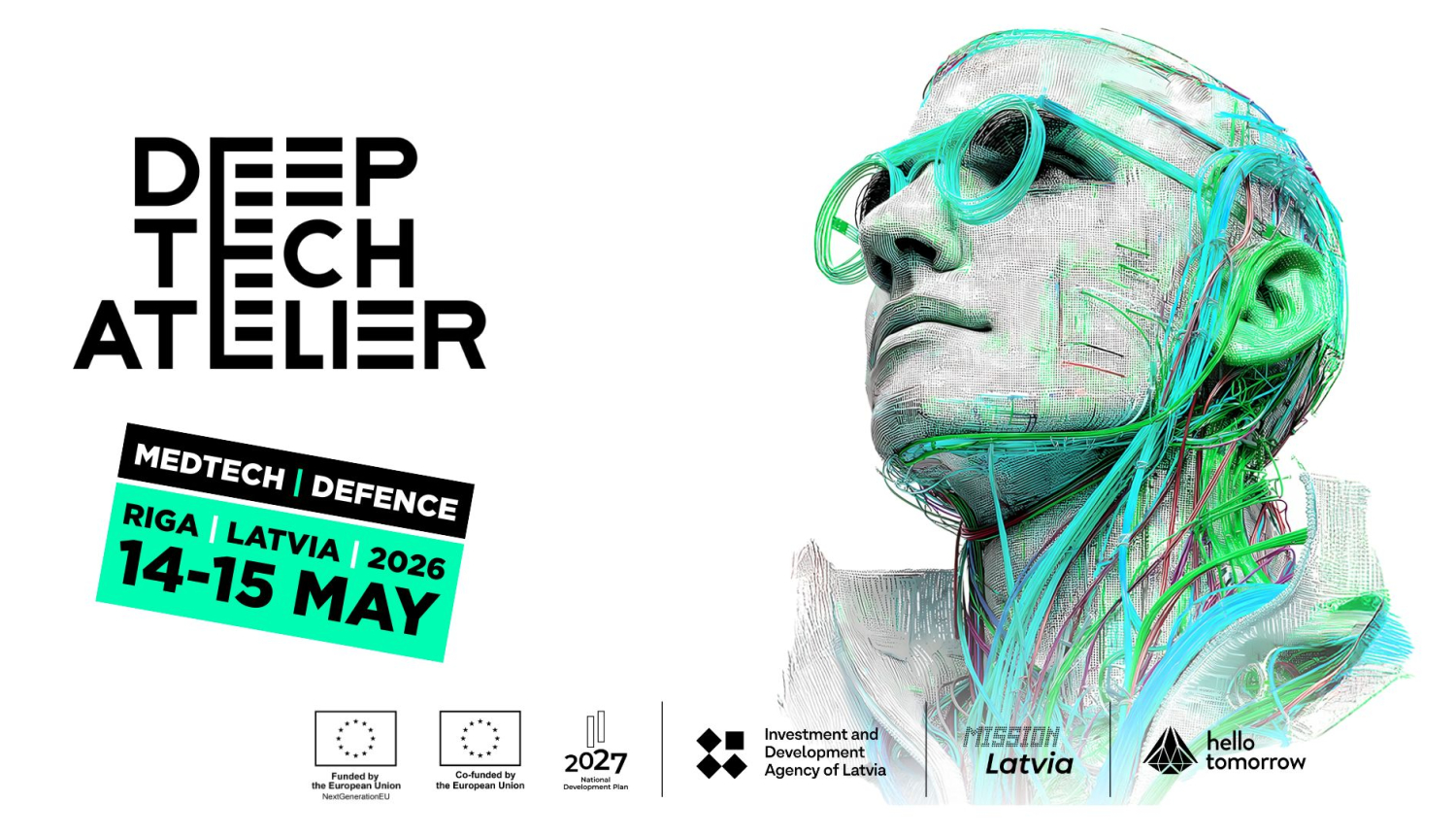 Deep Tech Atelier 2026 pasākuma baneris ar norises darumiem 14 un 16. maijs, Rīga, Latvija un pasākuma atbalstītāju logotipiem