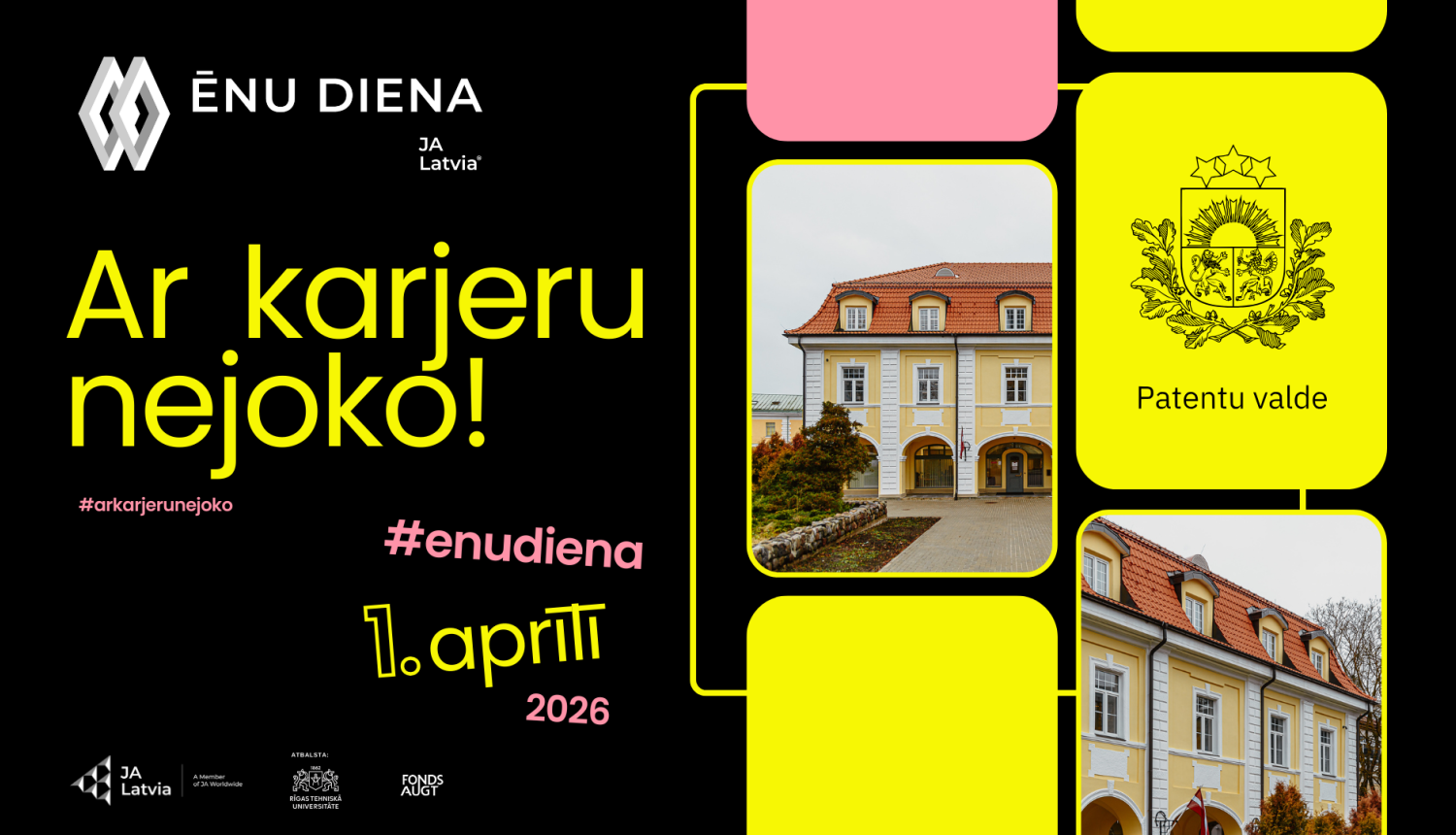 Ēnu dienas centrālais vizuālis ar pasākuma nosaukumu un datumu, kuru papildina Patentu valdes ēkas attēli