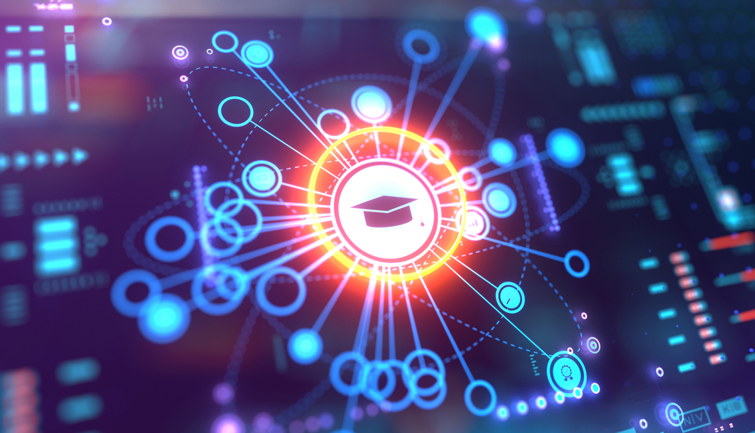 Digitāls attēls ar absolventa cepuri centrā un tehnoloģiju tīkla elementiem