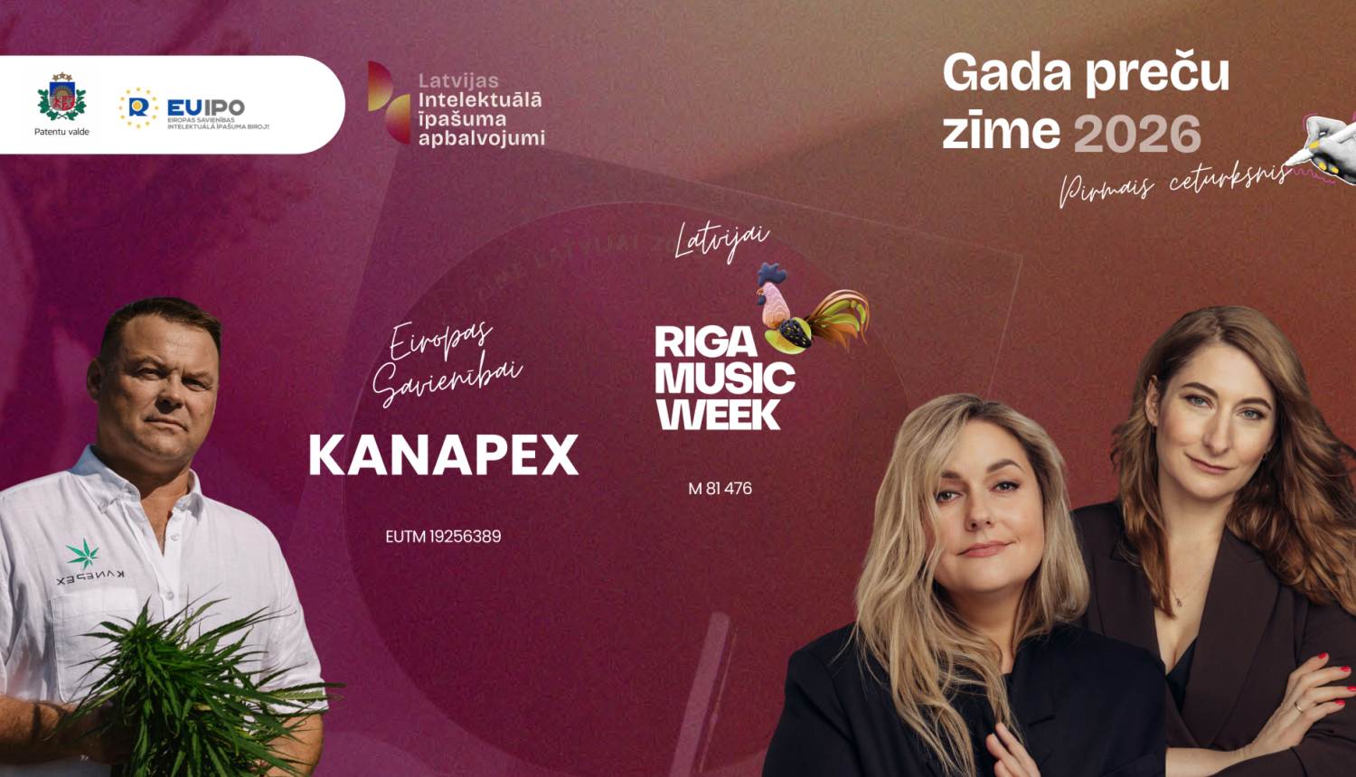 Gada preču zīmes 2026 pirmā ceturkšņa nominanti, bildē redzams M.Kalniņs un A.Cimuška-Rekke, L.Pētersone-Kļaviņa