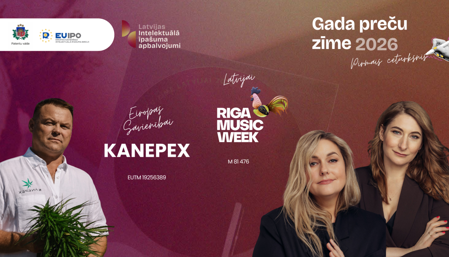 Gada preču zīmes 2026 pirmā ceturkšņa nominanti, bildē redzams M.Kalniņs un A.Cimuška-Rekke, L.Pētersone-Kļaviņa