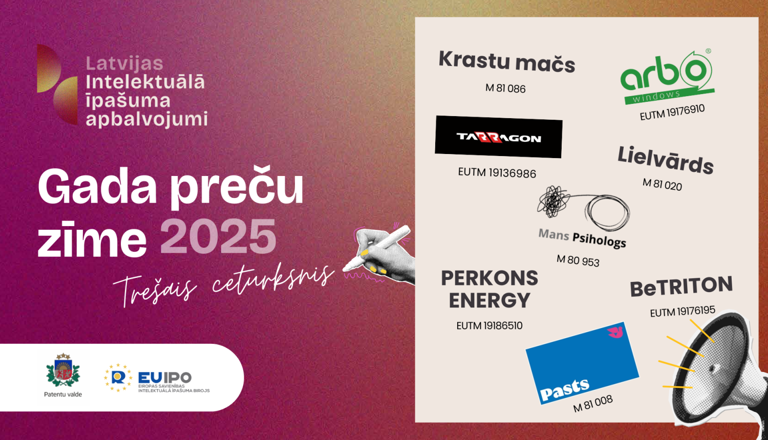 Ilustratīvs attēls ar preču zīmēm 2025. gada konkursa 3.ceturkšņa nominanti 