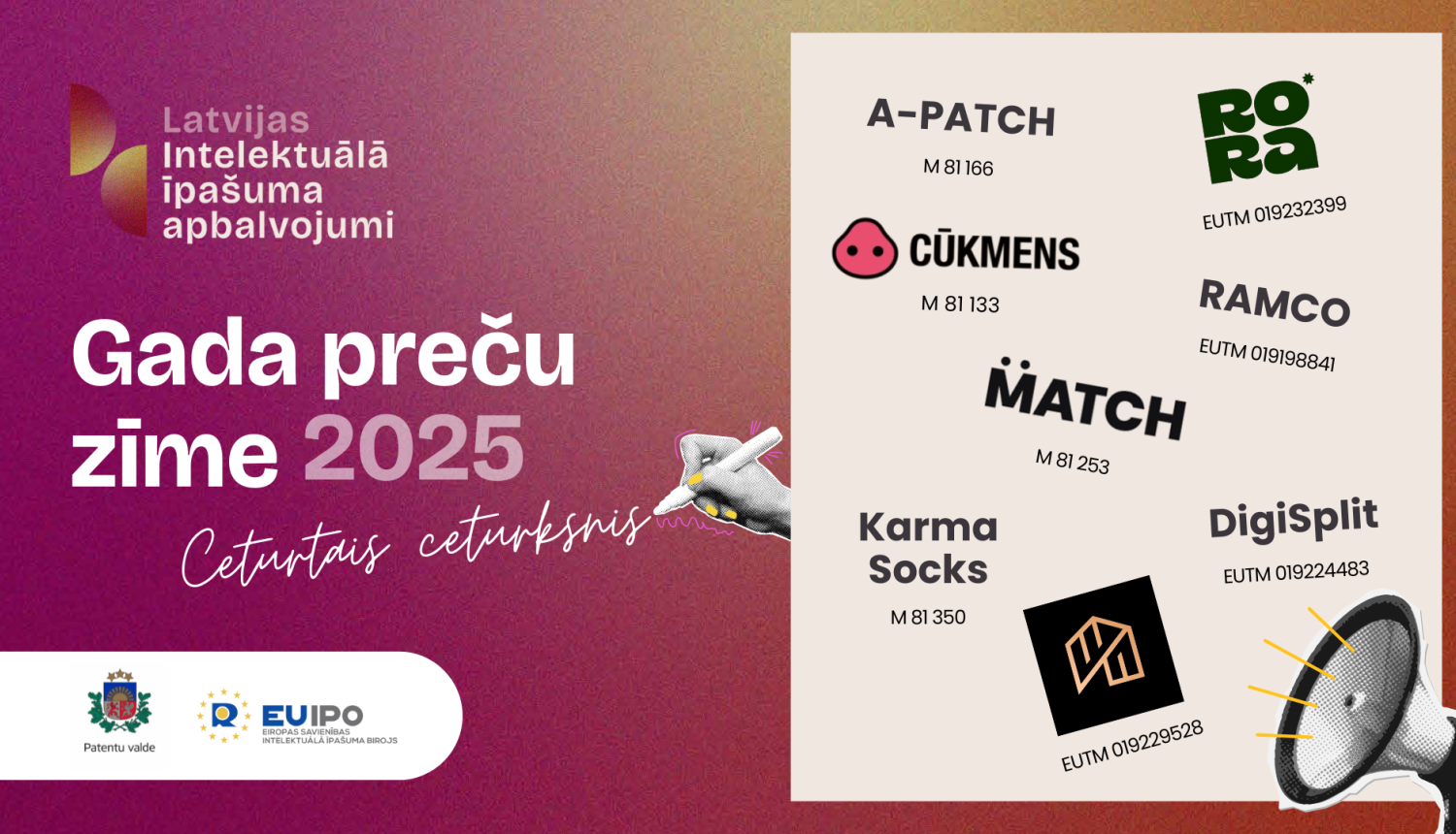 Gada preču zīme 4. ceturkšņa laureāti, vizuālis kur attēlotas visas preču zīmes ar to reģistrācijas numuriem uz rozā fona.