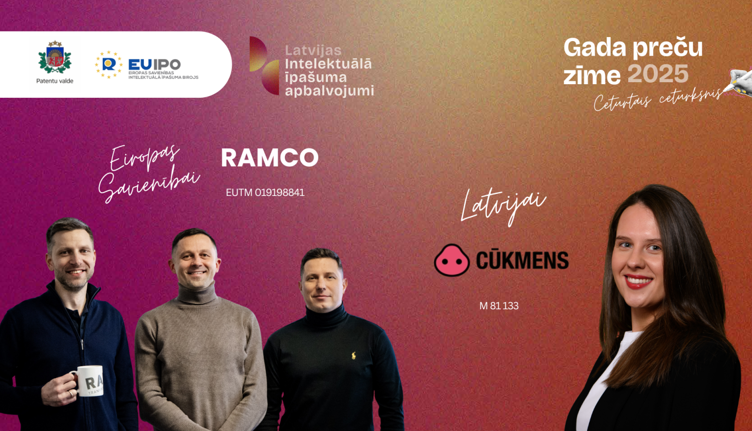 Gada preču zīme 2025 vizuālis ar ES un Latvijas institūciju logotipiem, nominētajām preču zīmēm un vairāku uzņēmumu pārstāvju portretiem uz krāsaina fona.