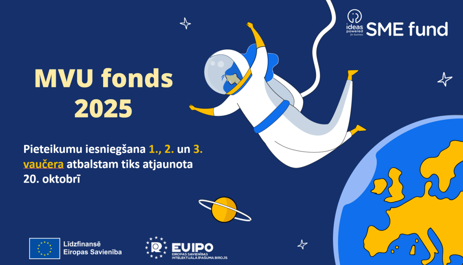 Vizuālis ar virsrakstu, ilustratīvs kosmonauts un zemeslode