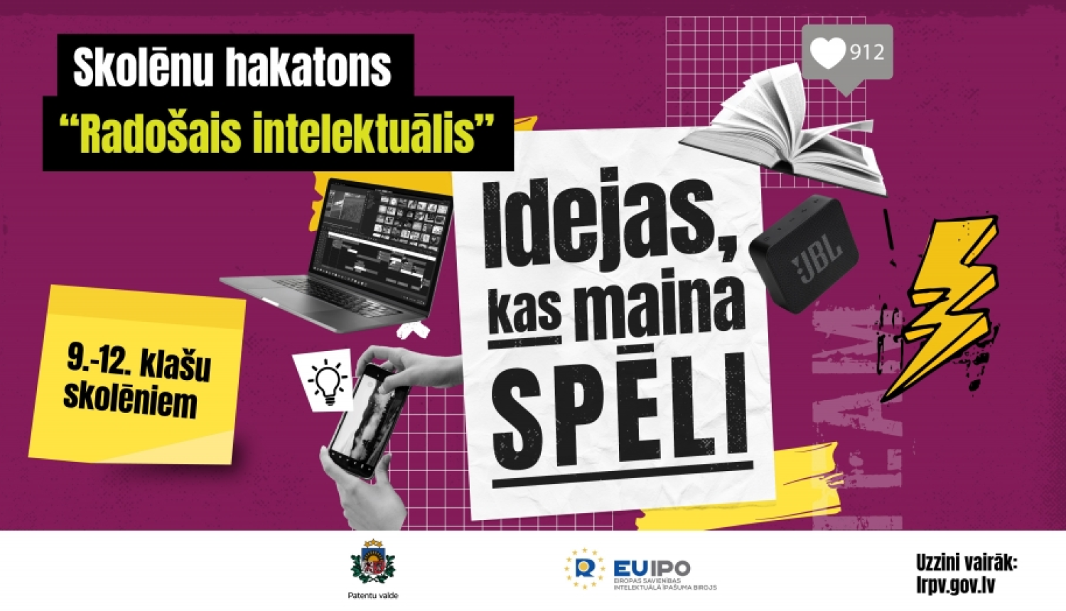 Radošais inteleketuālis baneris ar grāmatu, datoru, skaļruni un uzrakstiem