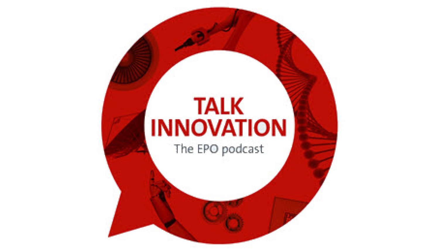 EPO raidierakstu kanāla plakāts ar '' Talk innovation The EPO podcast '' tekstu un ilustrāciju -sarkans aplis