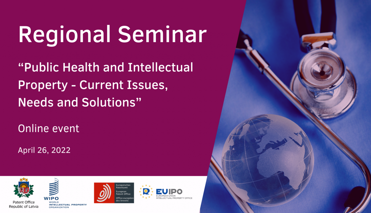 Seminar banner: ''Public Health and Intellectual Property - Current Issues, Needs and Solutions'', April 26 2022